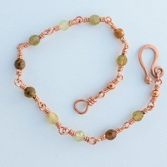 Dainty Copper Bracelet Natural Green Garnet Gems Artisan Crafted Feminine Style - Picture 6 of 15